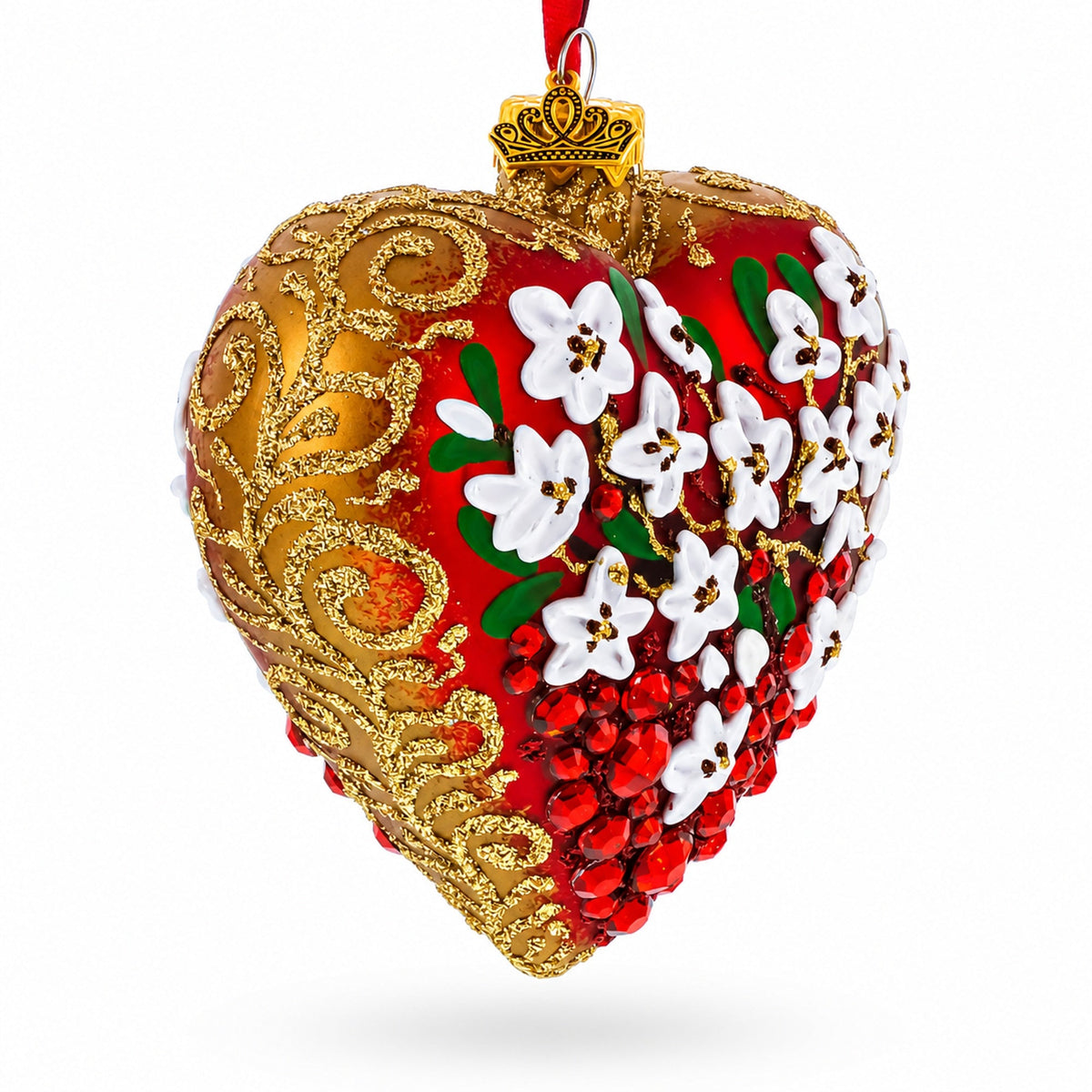 Embellished Ruby Floral Heart Glass Ornament