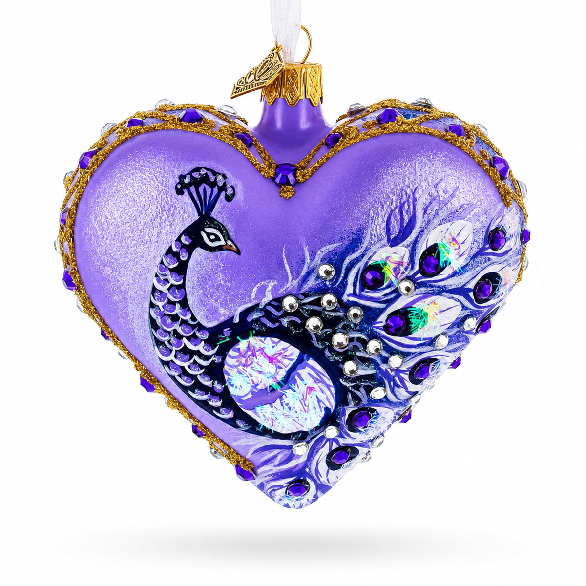 Royal Purple Peacock Heart Glass Ornament