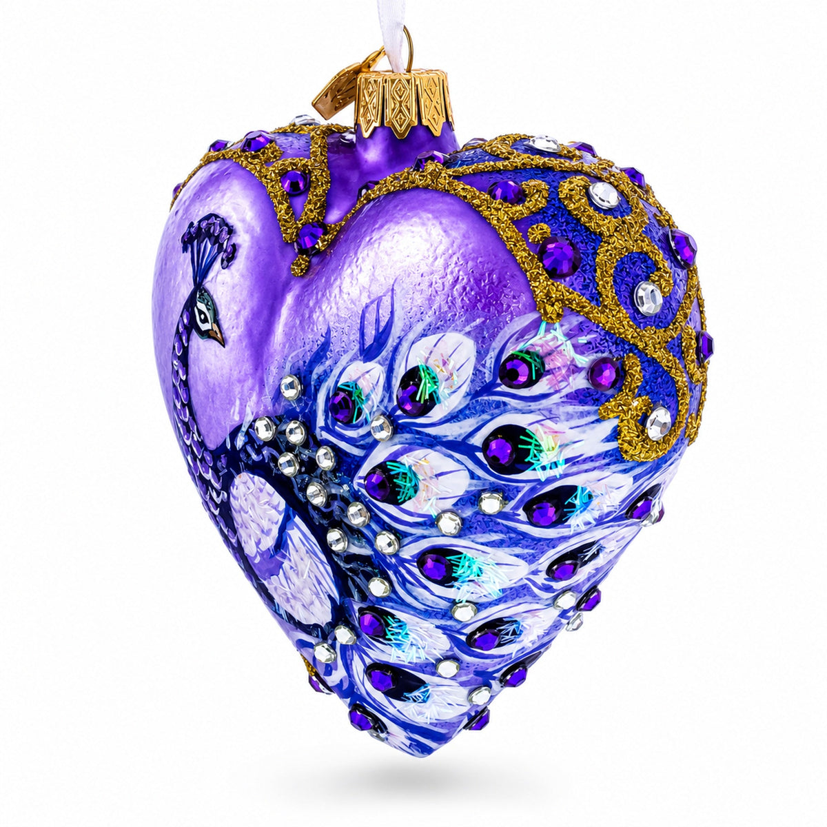 Royal Purple Peacock Heart Glass Ornament
