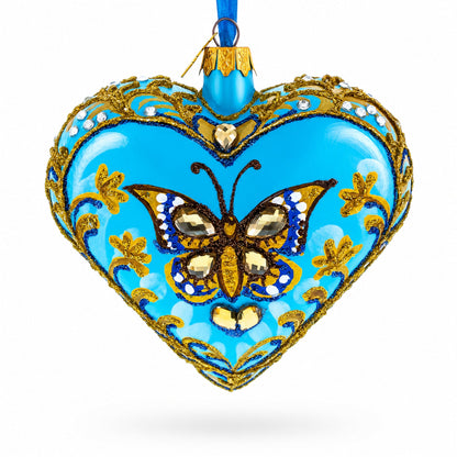 Turquoise Butterfly Elegance Heart Glass Ornament