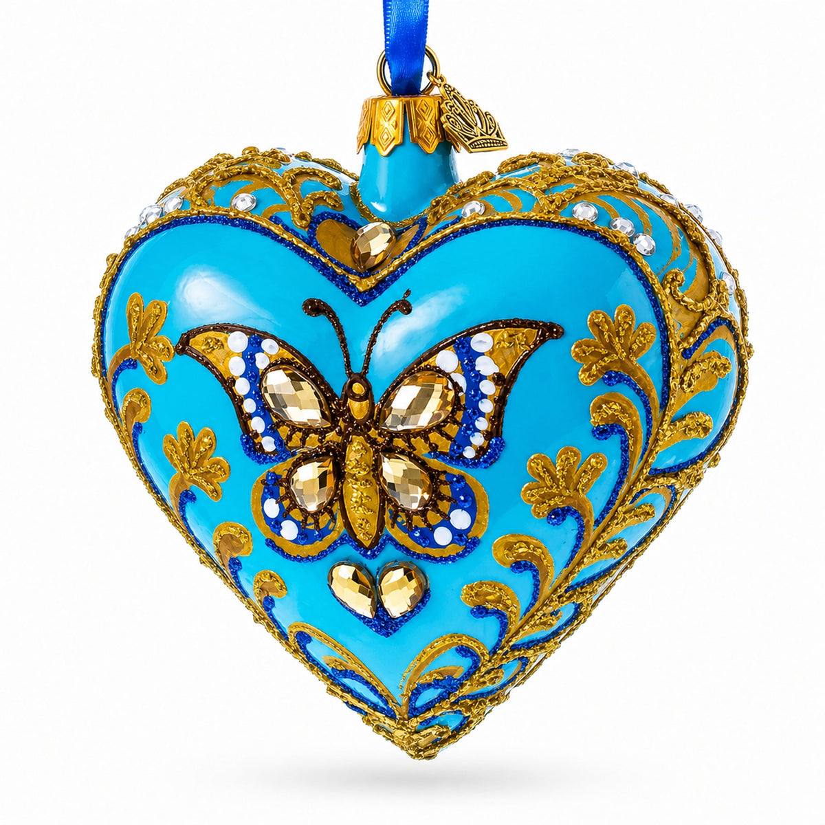 Turquoise Butterfly Elegance Heart Glass Ornament