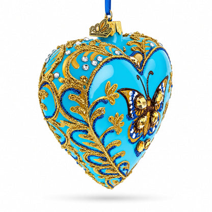 Turquoise Butterfly Elegance Heart Glass Ornament