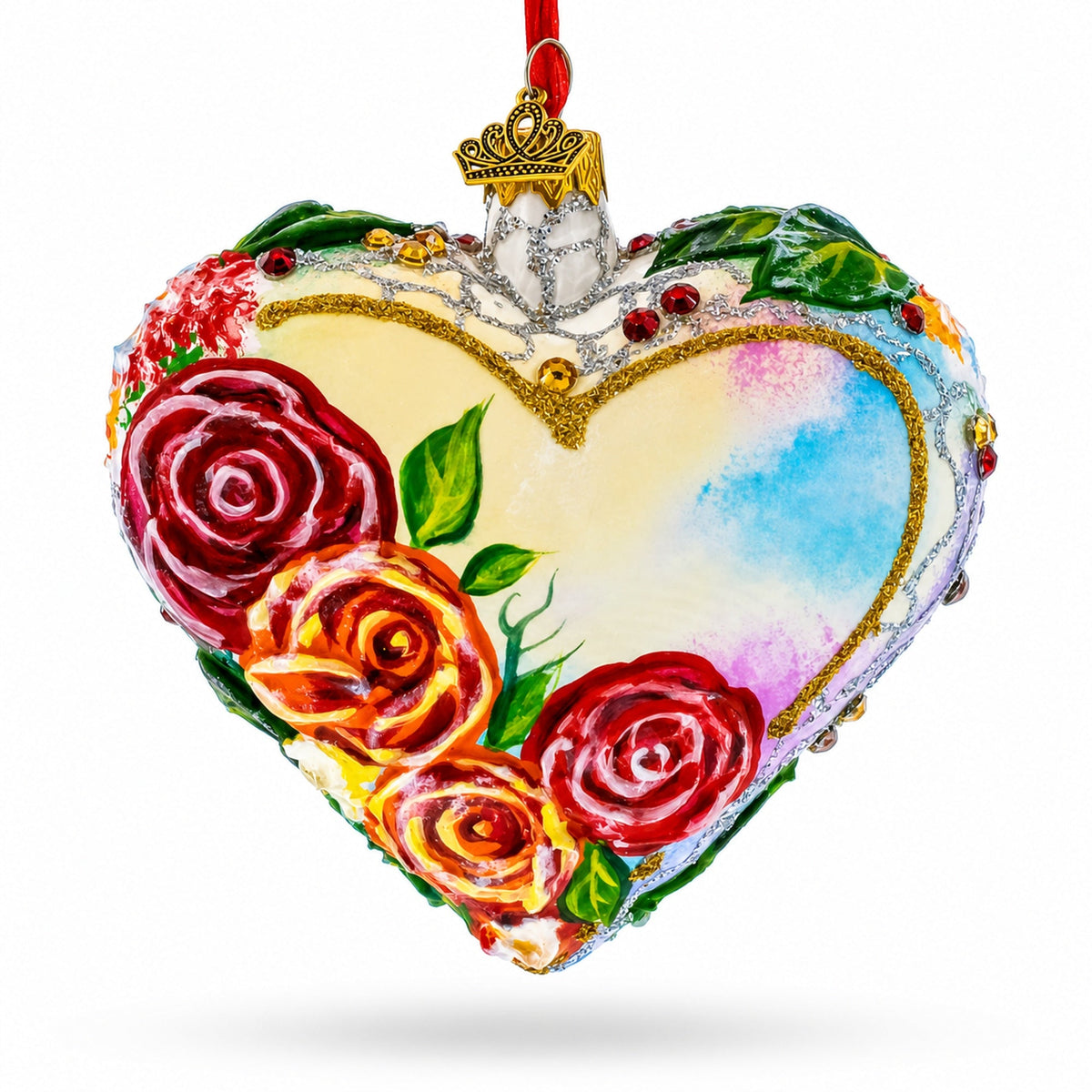 Pastel Rose Garden Heart Glass Ornament