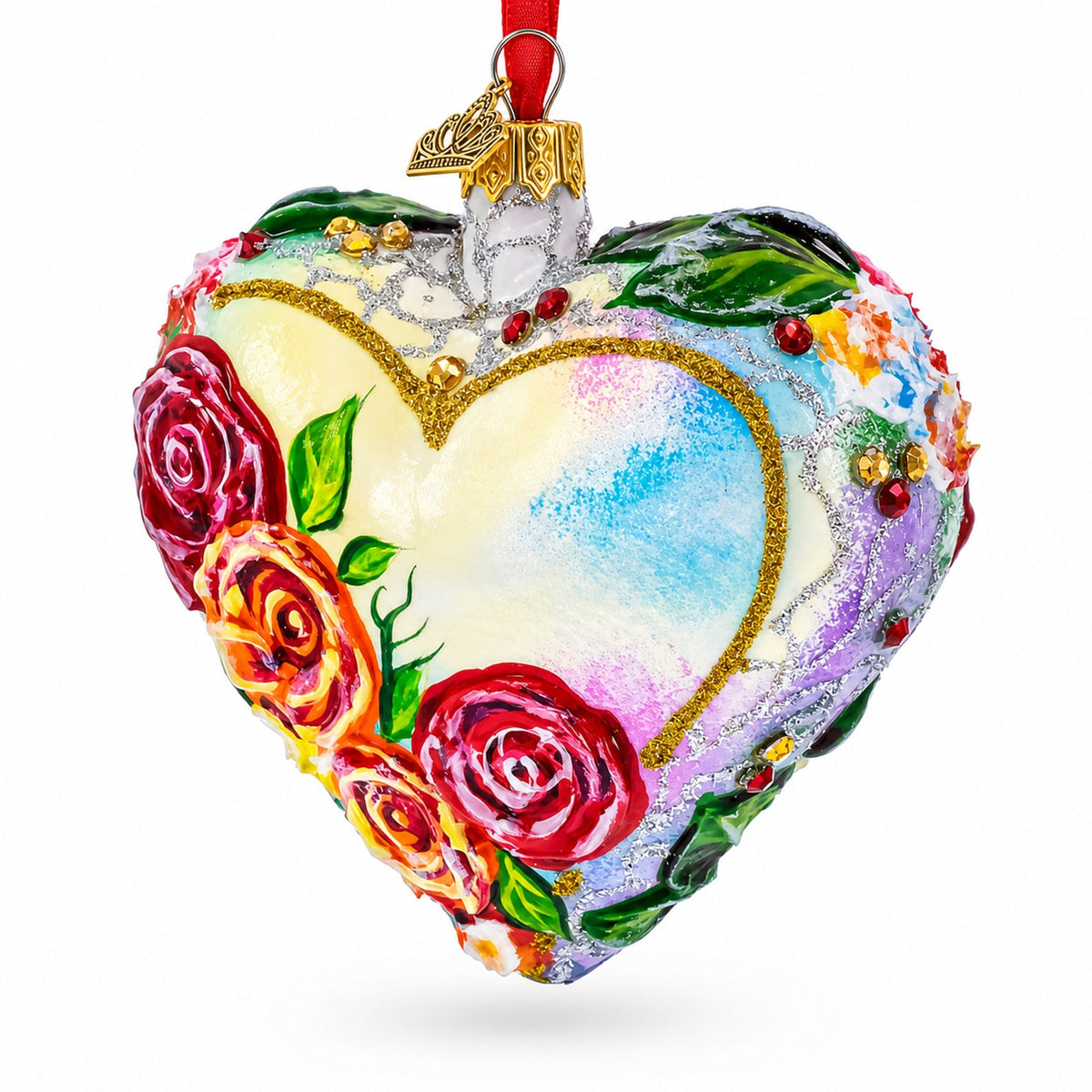 Pastel Rose Garden Heart Glass Ornament