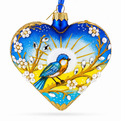 Golden Sunrise Bird Heart Glass Ornament