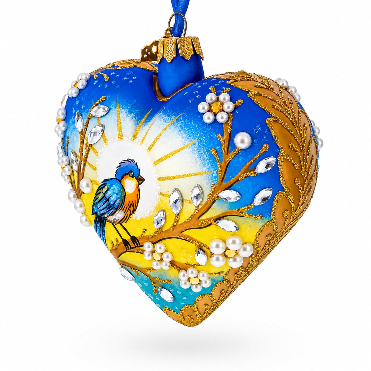 Golden Sunrise Bird Heart Glass Ornament