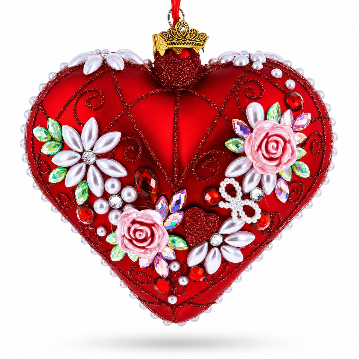 Pearl & Ruby Jeweled Heart Glass Ornament