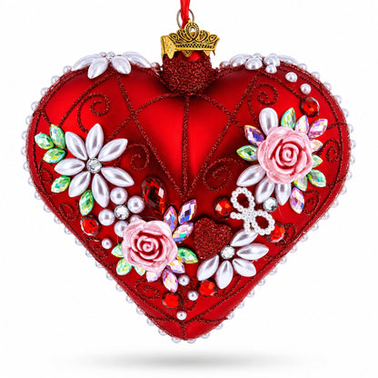 Pearl & Ruby Jeweled Heart Glass Ornament