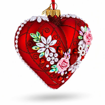 Pearl & Ruby Jeweled Heart Glass Ornament