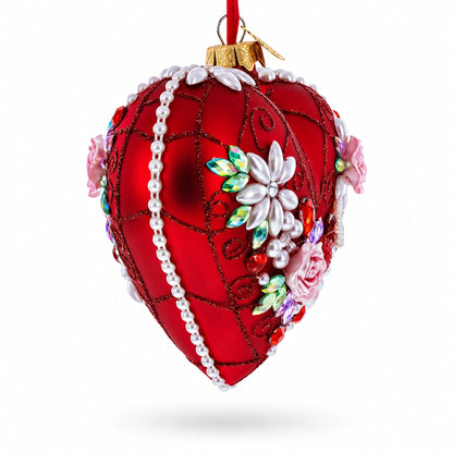 Pearl & Ruby Jeweled Heart Glass Ornament