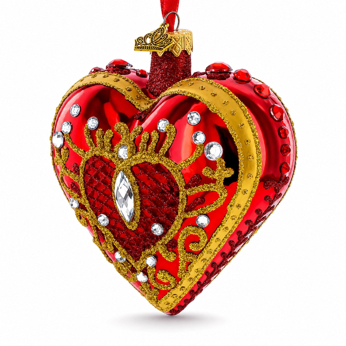 Regal Red Jeweled Glass Heart Ornament