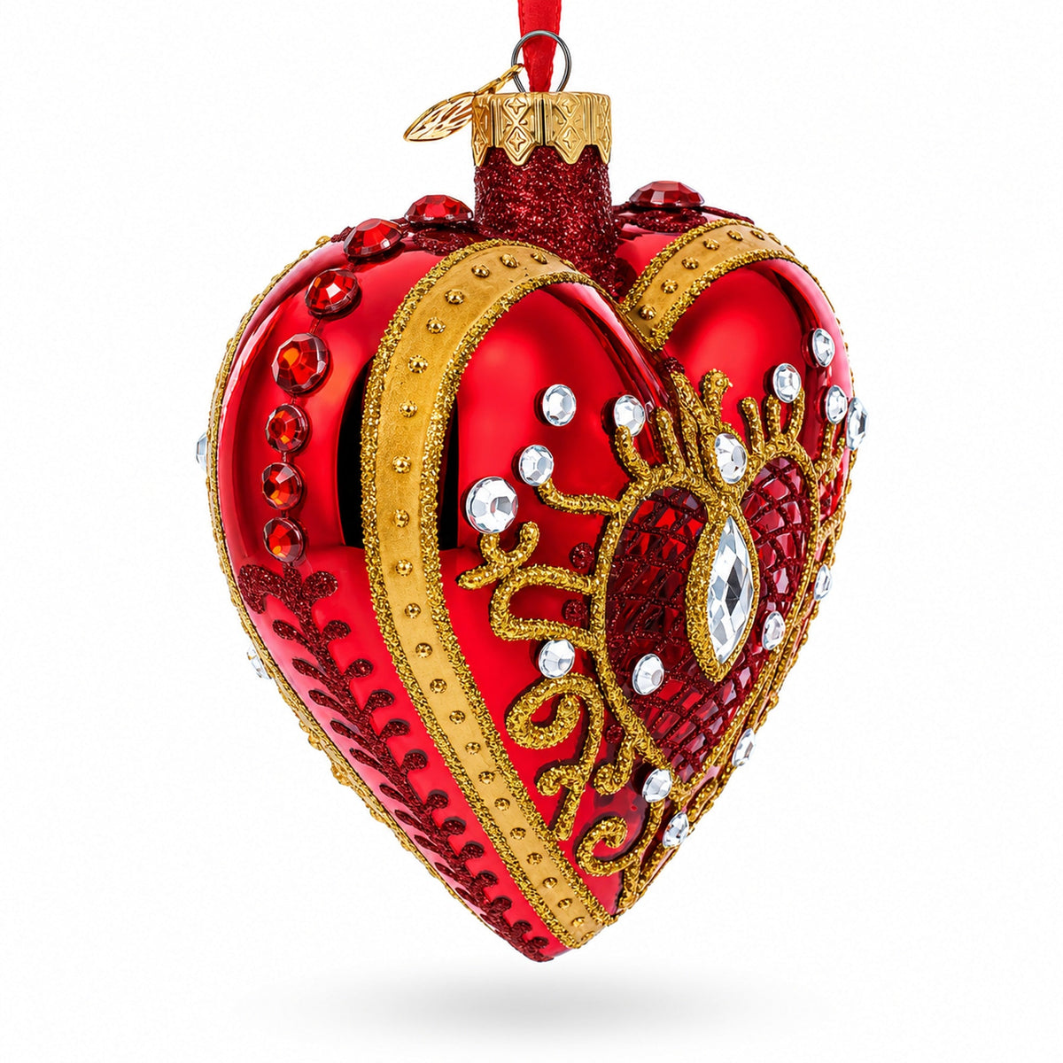 Regal Red Jeweled Glass Heart Ornament