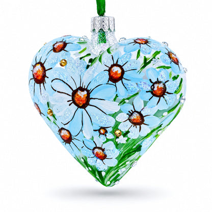 Sparkling Daisy Meadow Vista Jeweled Glass Heart Ornament