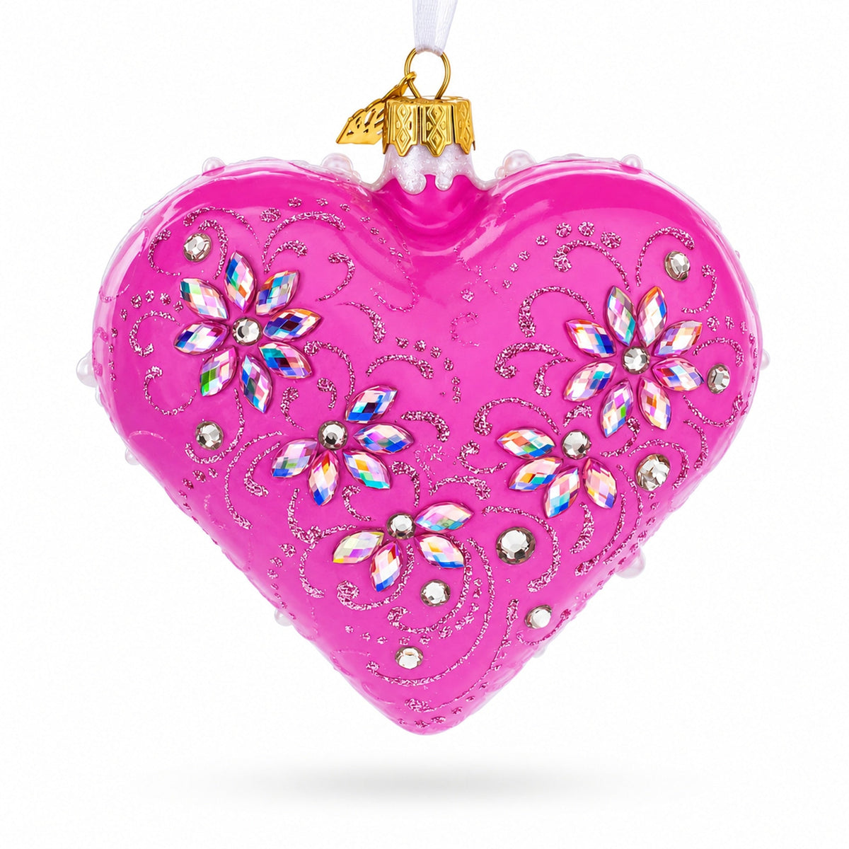 Pink Jeweled Blossom Glass Heart Ornament