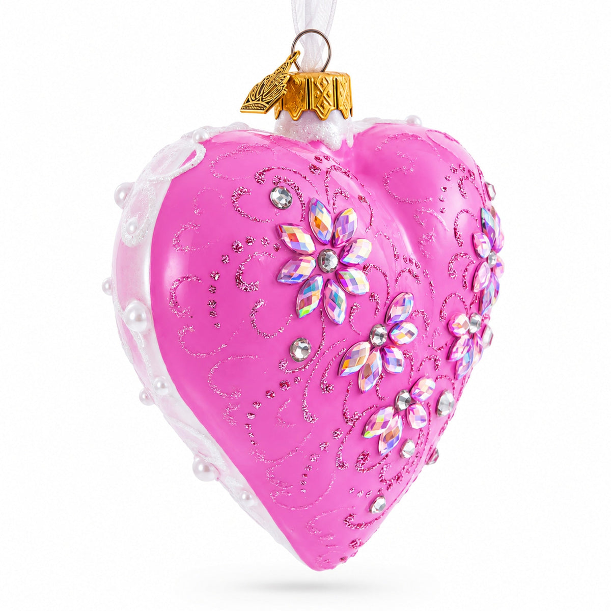 Pink Jeweled Blossom Glass Heart Ornament