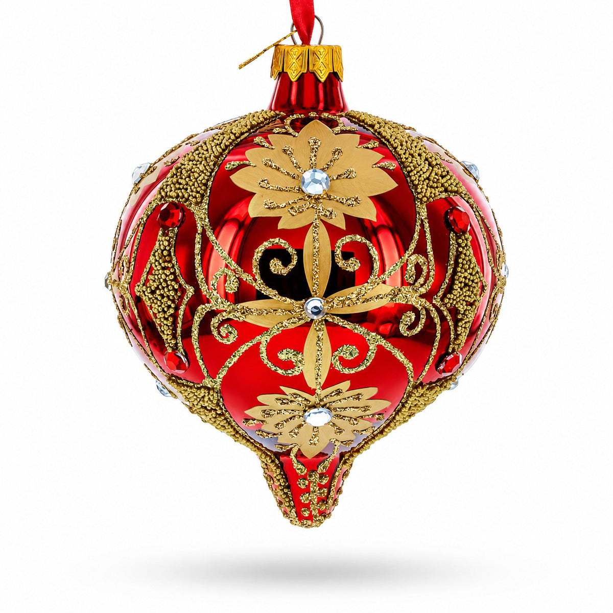 Regal Red & Gold Scrollwork Jeweled Onion-Shape Finial Glass Christmas Ornament
