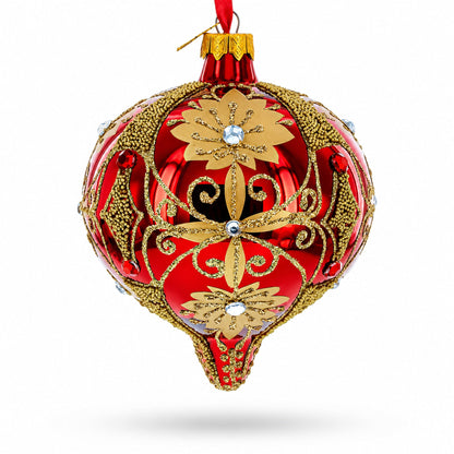Regal Red & Gold Scrollwork Jeweled Onion-Shape Finial Glass Christmas Ornament