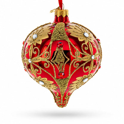 Regal Red & Gold Scrollwork Jeweled Onion-Shape Finial Glass Christmas Ornament