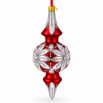 Silver Jeweled Poinsettia Bloom Double-Ended Finial Drop Glass Christmas Ornament