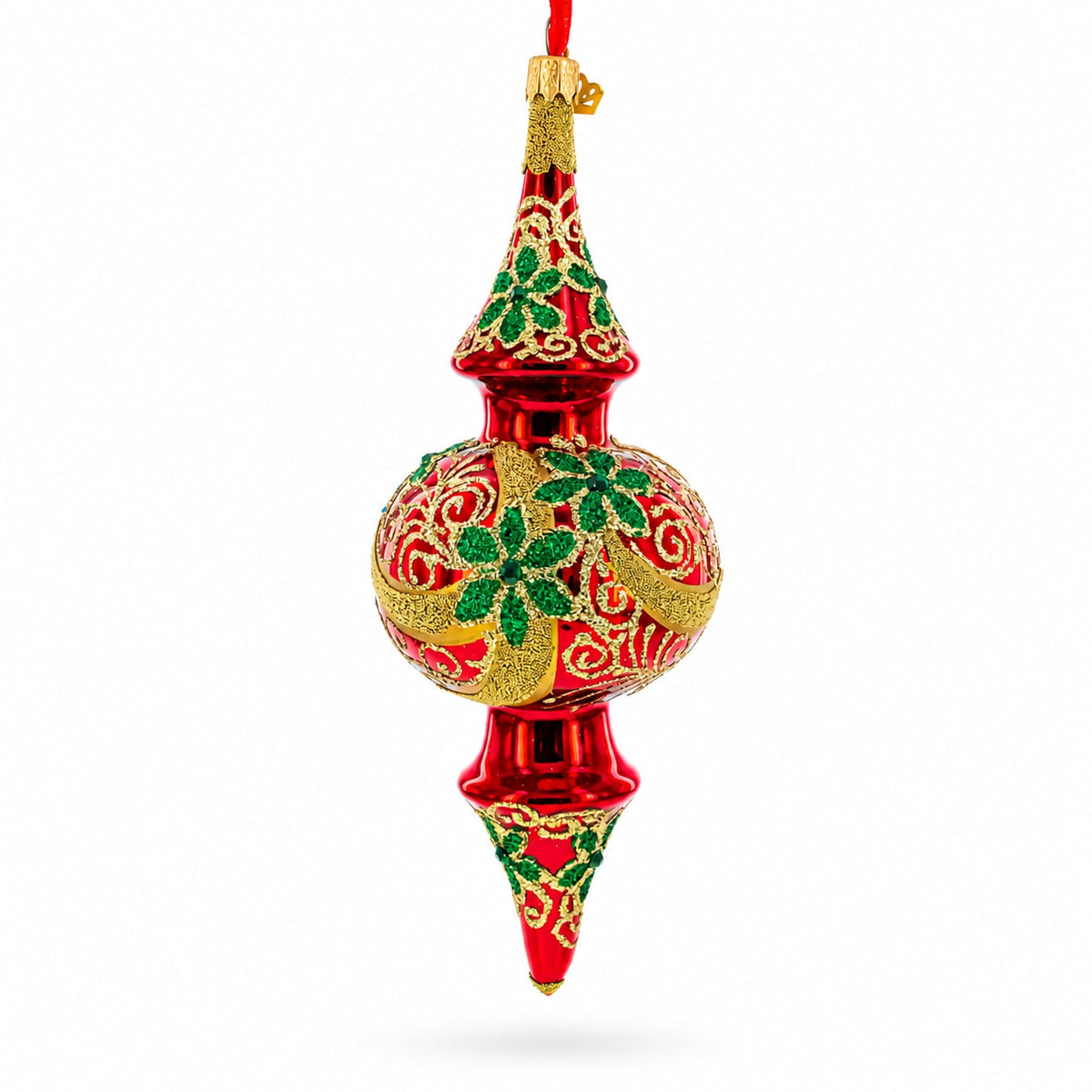 Holly & Gold Scroll Double-Ended Finial Drop Glass Christmas Ornament