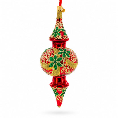 Holly & Gold Scroll Double-Ended Finial Drop Glass Christmas Ornament