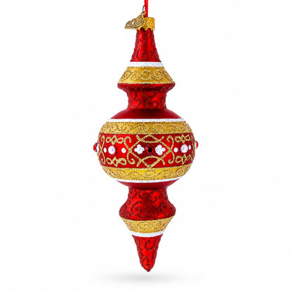 Golden Scroll & Pearl Trim Double-Ended Finial Drop Glass Christmas Ornament