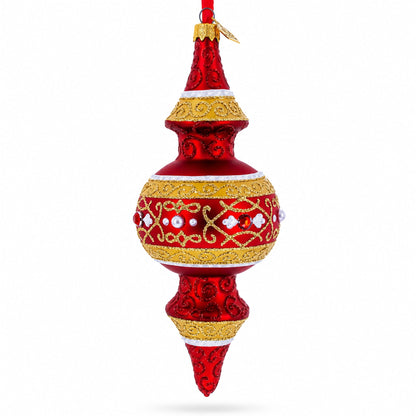 Golden Scroll & Pearl Trim Double-Ended Finial Drop Glass Christmas Ornament