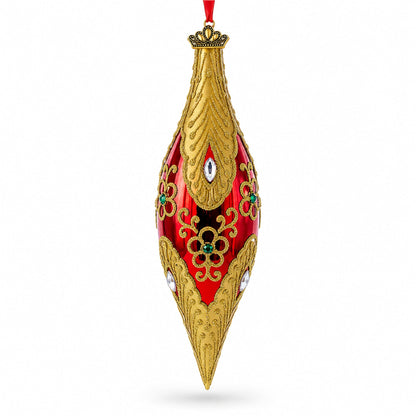 Gilded Petal & Pearl Elongated Pointed Teardrop Finial Glass Christmas Ornament