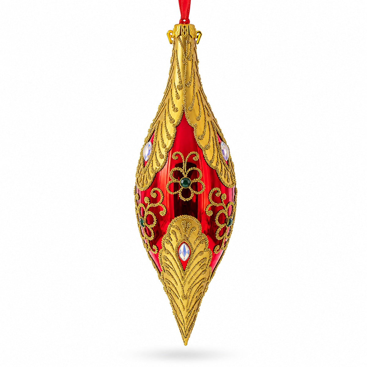 Gilded Petal & Pearl Elongated Pointed Teardrop Finial Glass Christmas Ornament