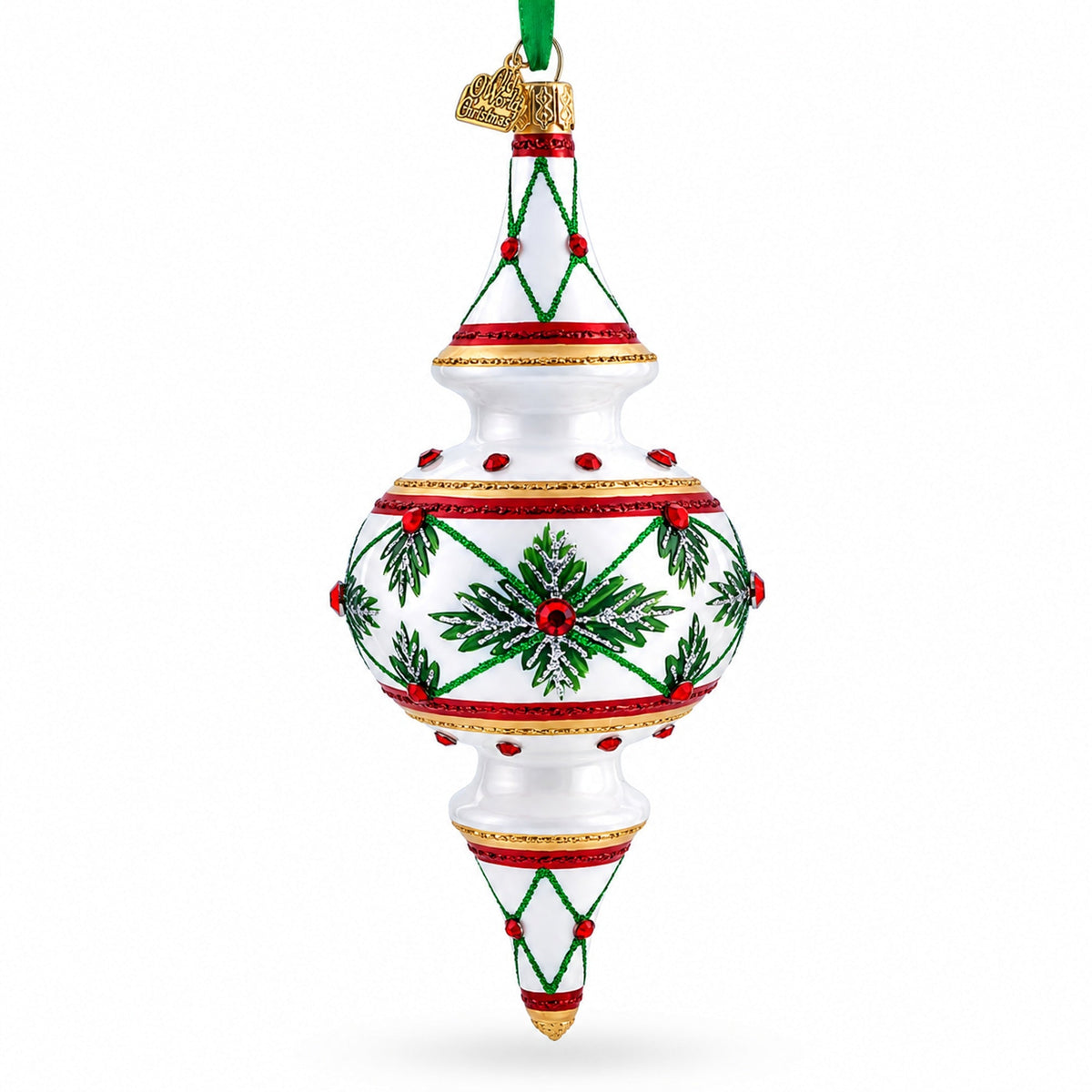 Winter Lattice & Holly Star Jeweled Double-Ended Finial Drop Glass Christmas Ornament