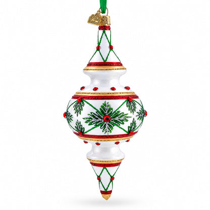 Winter Lattice & Holly Star Jeweled Double-Ended Finial Drop Glass Christmas Ornament
