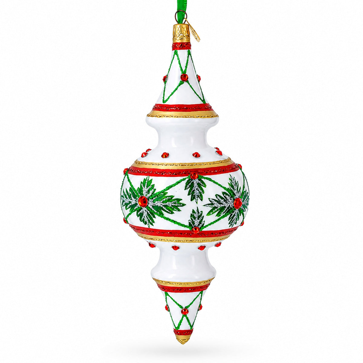 Winter Lattice & Holly Star Jeweled Double-Ended Finial Drop Glass Christmas Ornament