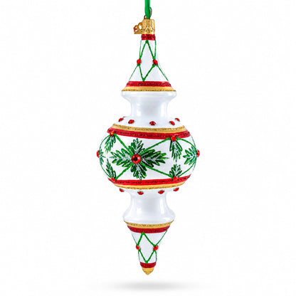 Winter Lattice & Holly Star Jeweled Double-Ended Finial Drop Glass Christmas Ornament