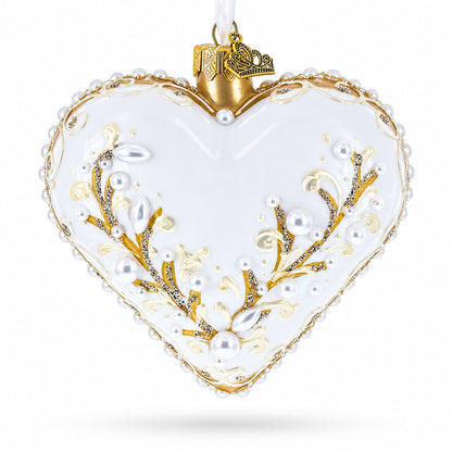 Winter Pearl Vine Jeweled Glass Heart Ornament