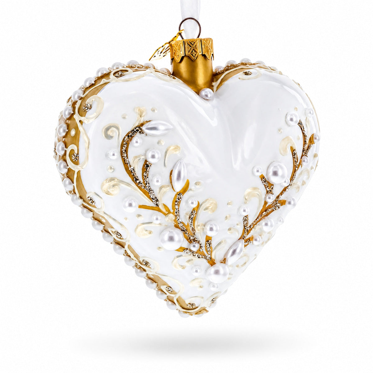 Winter Pearl Vine Jeweled Glass Heart Ornament