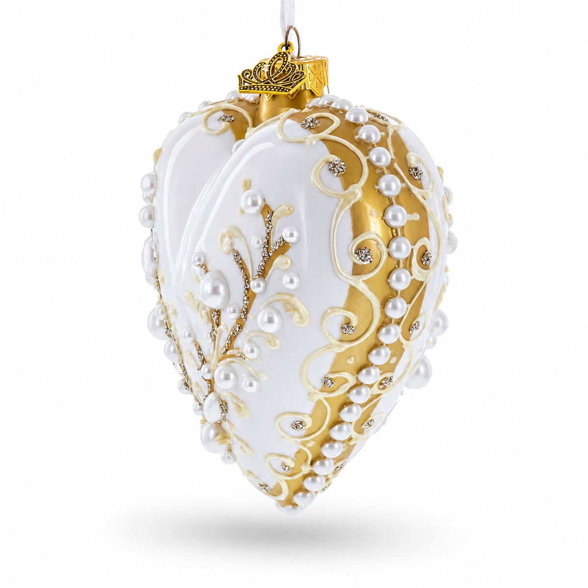 Winter Pearl Vine Jeweled Glass Heart Ornament