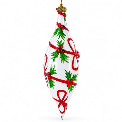Holiday Ribbon on White Elongated Pointed Teardrop Finial Glass Christmas Ornament