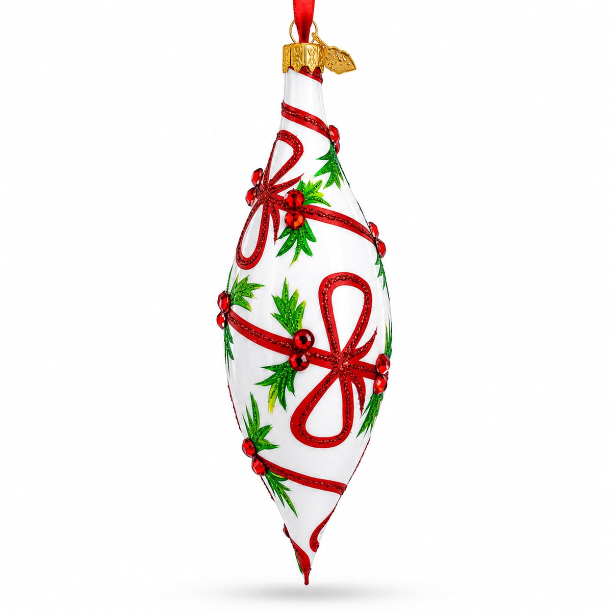 Holiday Ribbon on White Elongated Pointed Teardrop Finial Glass Christmas Ornament