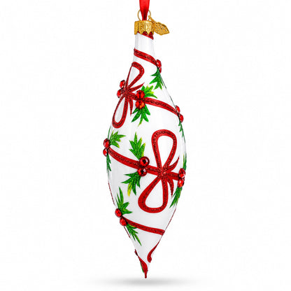 Holiday Ribbon on White Elongated Pointed Teardrop Finial Glass Christmas Ornament