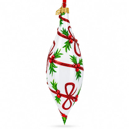 Holiday Ribbon on White Elongated Pointed Teardrop Finial Glass Christmas Ornament