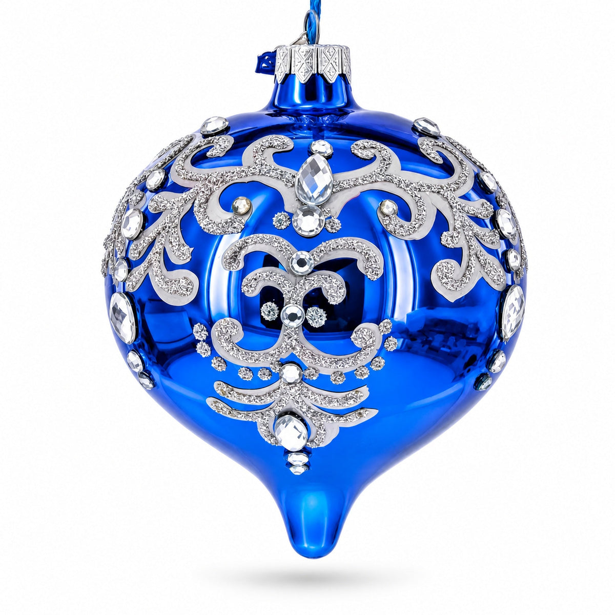 Blue Jeweled Silver Scroll Onion-Shape Finial Glass Christmas Ornament