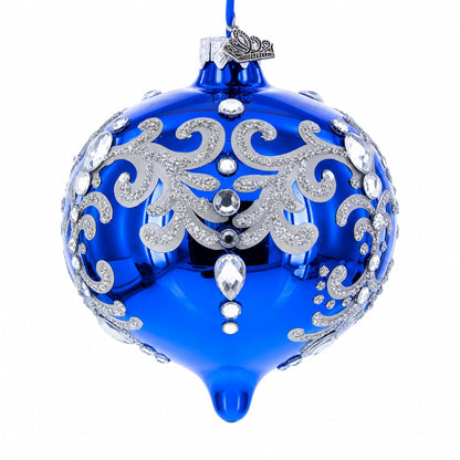 Blue Jeweled Silver Scroll Onion-Shape Finial Glass Christmas Ornament
