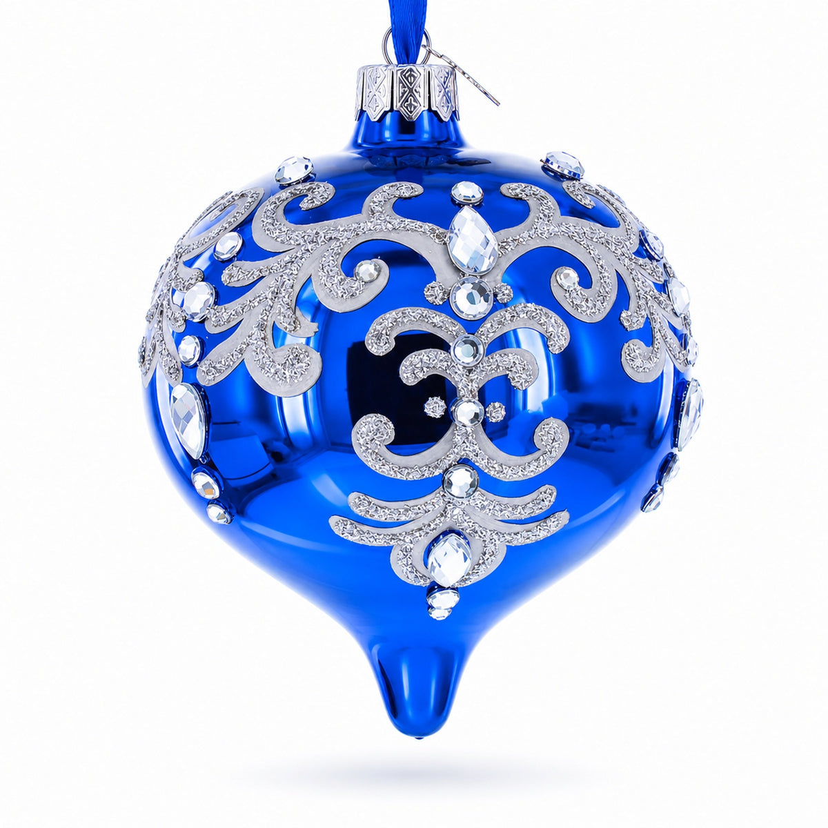 Blue Jeweled Silver Scroll Onion-Shape Finial Glass Christmas Ornament