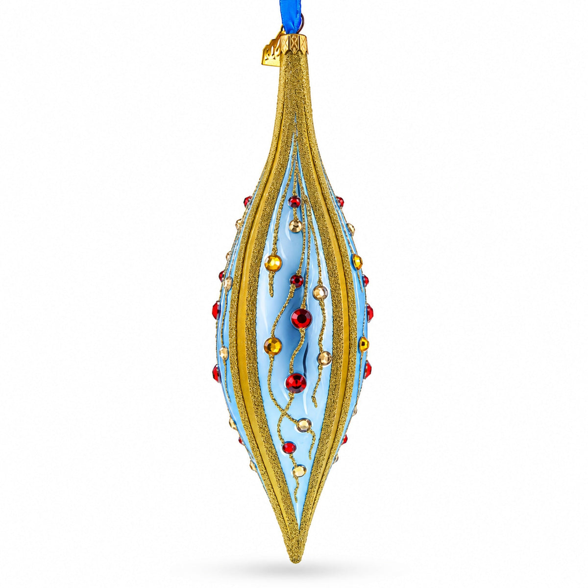 Blue and Gold Jeweled Vine Elongated Pointed Teardrop Finial Glass Christmas Ornament