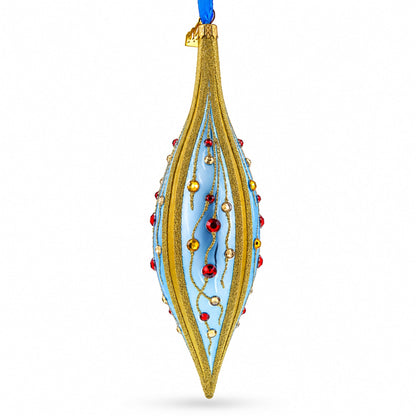 Blue and Gold Jeweled Vine Elongated Pointed Teardrop Finial Glass Christmas Ornament