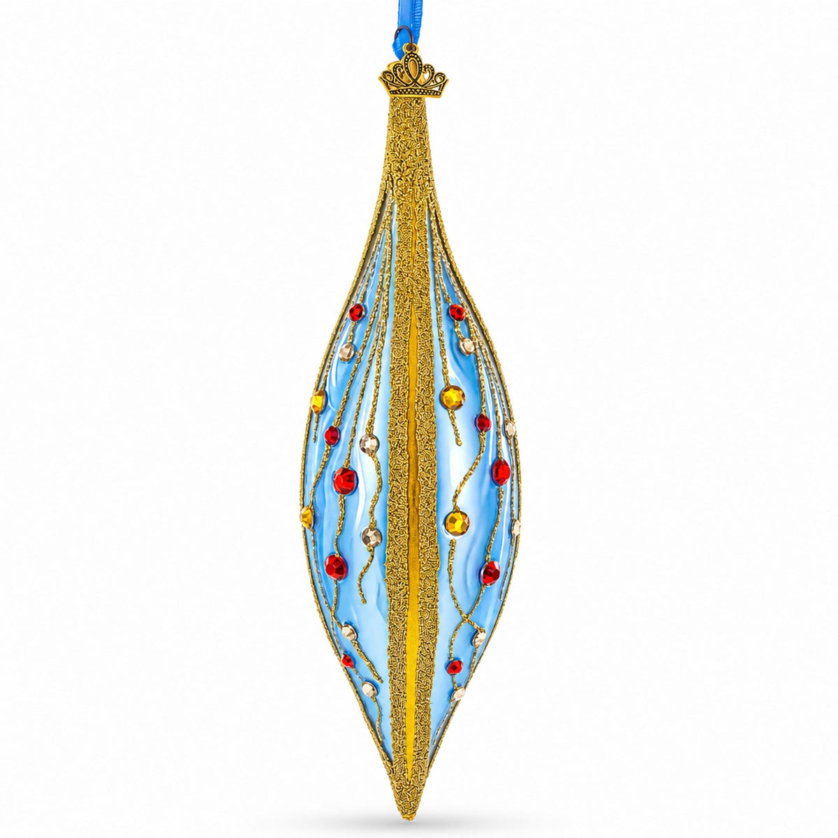 Blue and Gold Jeweled Vine Elongated Pointed Teardrop Finial Glass Christmas Ornament