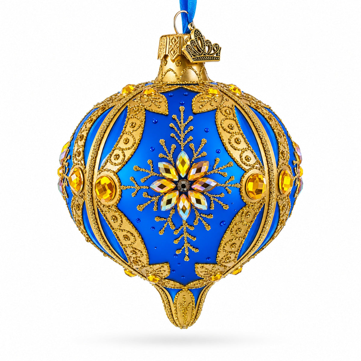Blue and Gold Jeweled Floral Burst Onion-Shape Finial Glass Christmas Ornament