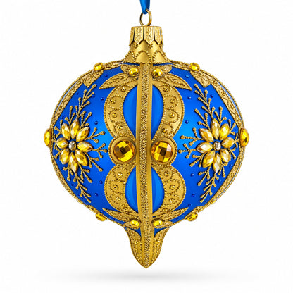 Blue and Gold Jeweled Floral Burst Onion-Shape Finial Glass Christmas Ornament