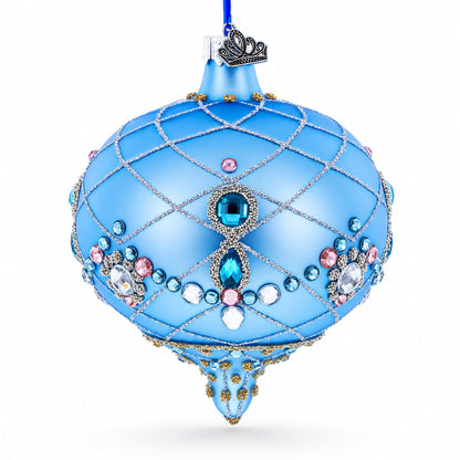 Blue Jeweled Lattice Diamond Onion-Shape Finial Glass Christmas Ornament