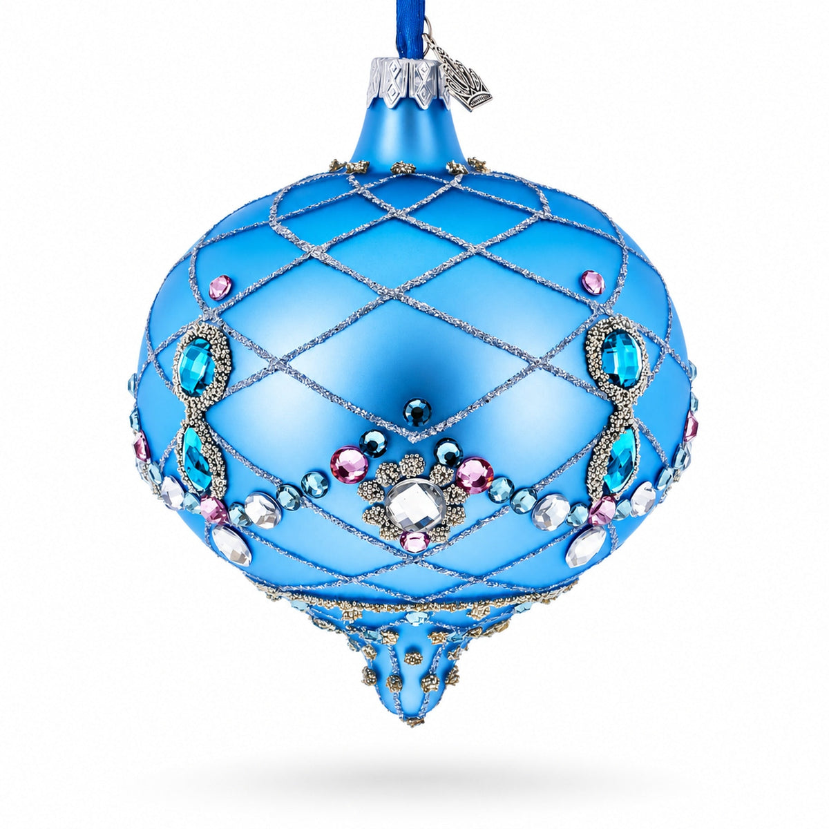 Blue Jeweled Lattice Diamond Onion-Shape Finial Glass Christmas Ornament